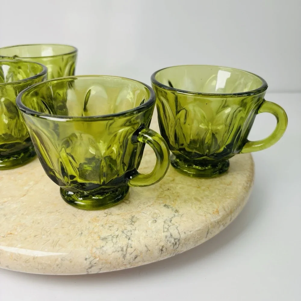 8 Piece Vintage Anchor Hocking Depression Glass Fairfield Green Glass  Snack Set